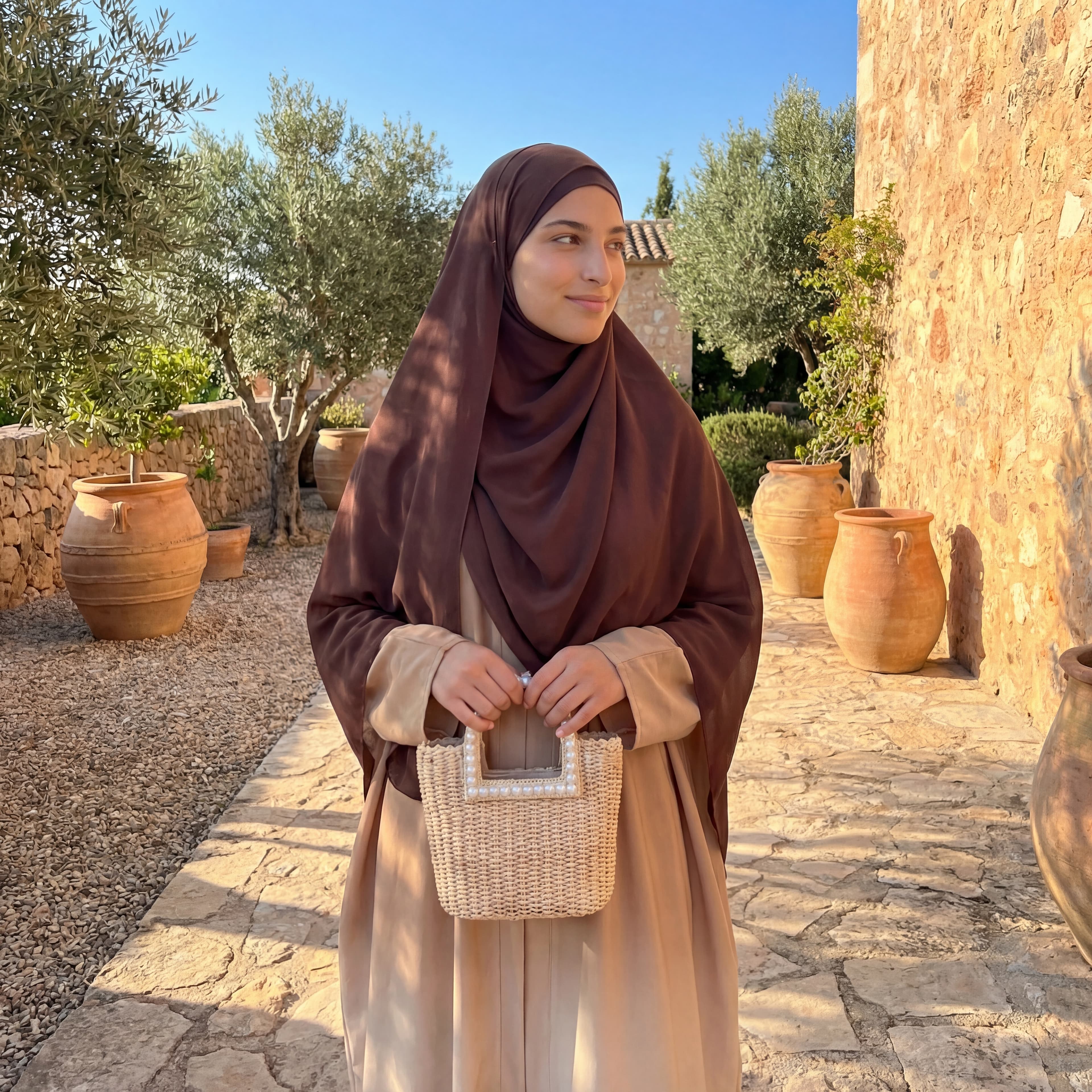 Elegant modest fashion - woman in brown hijab